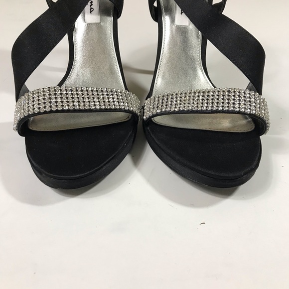 Nina Black Satin + Rhinestone Strappy High Heels - Picture 10 of 13